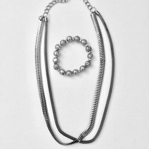 Silver 3 chain draped necklace & silver matching bracelet - 2 piece set